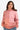 Women's color block mock neck sweater in pink tones with drop shoulder design, front view.