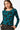 Women's teal floral print knit top with round neck and long sleeves, front view.