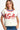 Front view of the Letter Embroidery Slit Knit Top showcasing the letter embroidery and side slits, Color White/Red/Blue