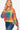 Side view of a plaid color block sweater with long sleeves, styled for casual wear.