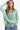 Front view of Women's lace detail long sleeve mint knit top with relaxed fit and lace hem.